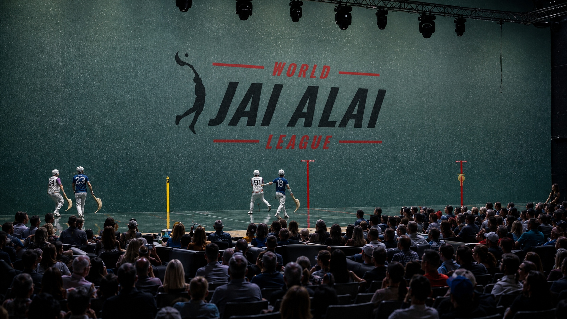 Interior of JAM Arena, Miami — emerald green frontis wall, packed crowd, players mid-rally under warm stage lighting