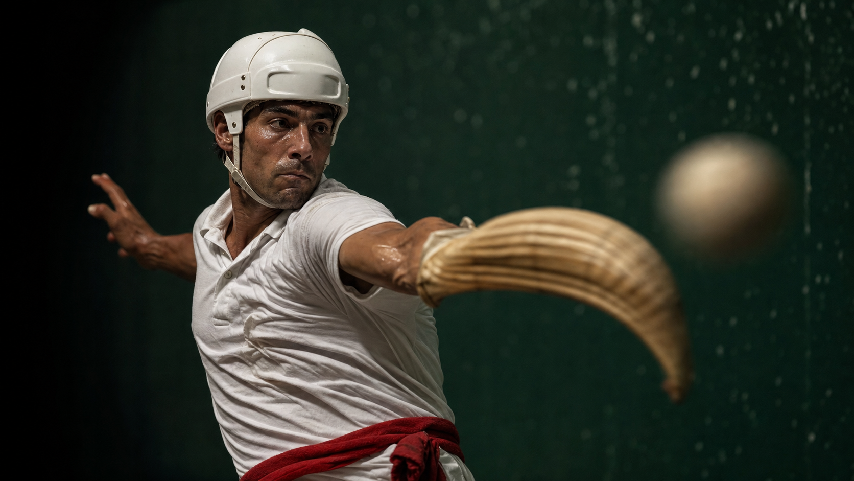 Portrait of a World Jai Alai League pelotari mid-throw, cesta and pelota captured against the emerald frontis