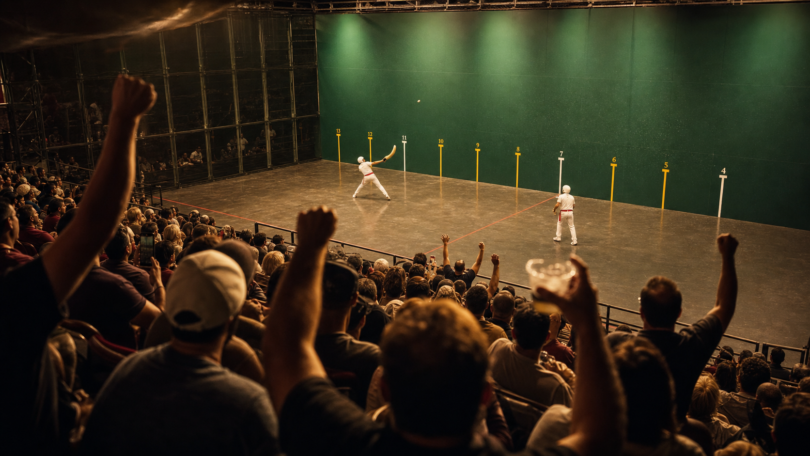 Packed Jai Alai fronton crowd cheering as players rally on the green frontis
